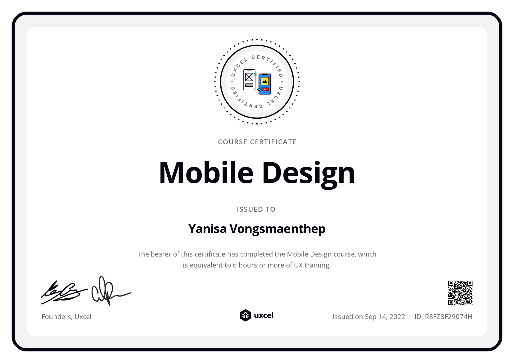 Yanisa Vongsmaenthep's certificate